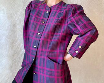Vintage Wool Plaid Blazer - Purple Check Jacket - Power Jacket