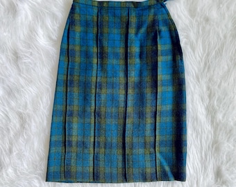 Vintage Wool Tartan Pencil Skirt – Swiss Made Pencil Blue Check Midi Skirt XS size