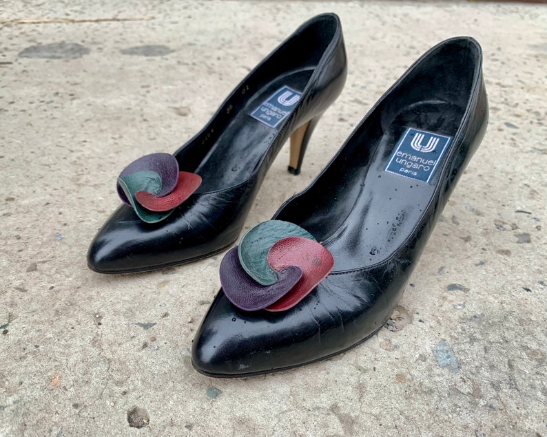 Ungaro Vintage Black Pump Shoes Chic Low Heel Leather Heels image 2
