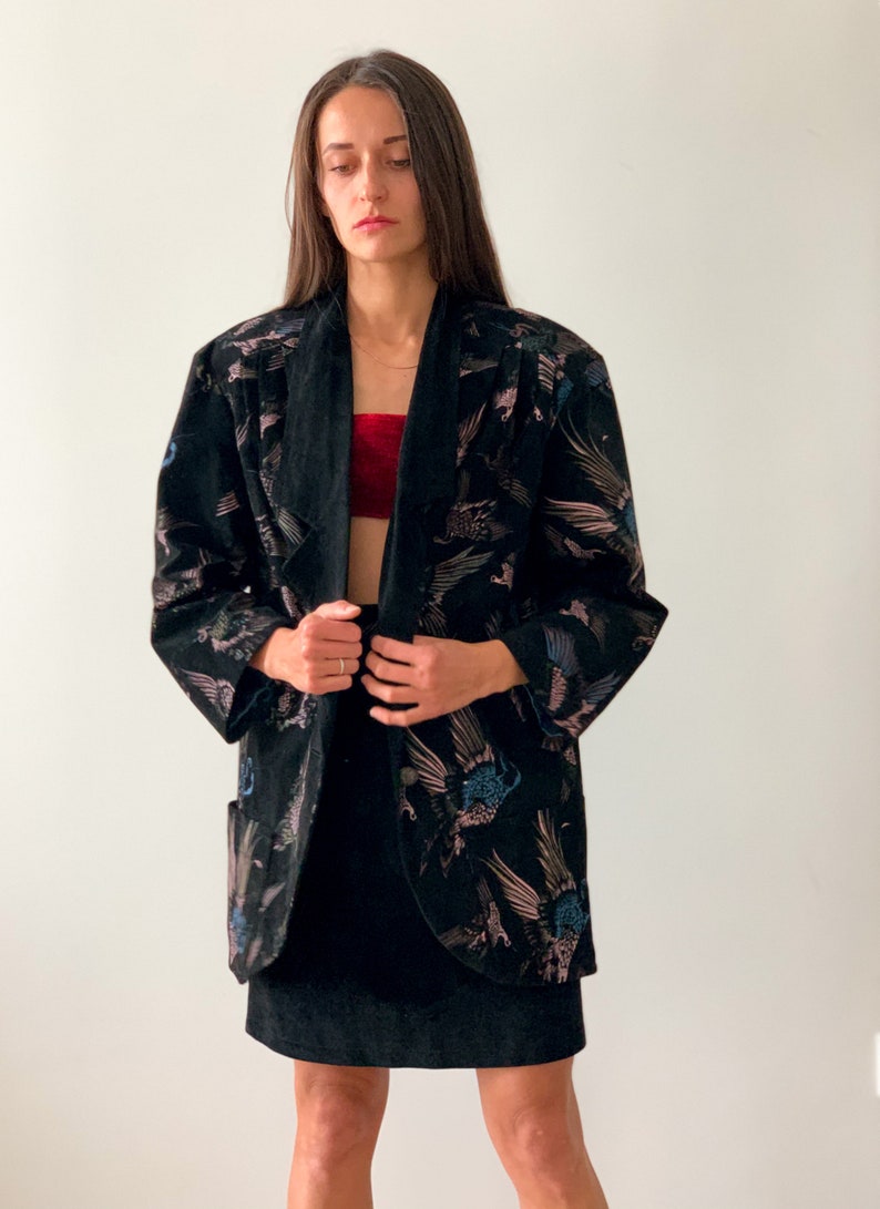 Vintage skirt suit Women/'s set skirt and jacket Black suede Oversize jacket