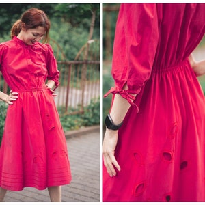 Vintage red cotton dress. Summer petite cottagecore dress. Shirt dress midi A line. Eyelet dress image 2