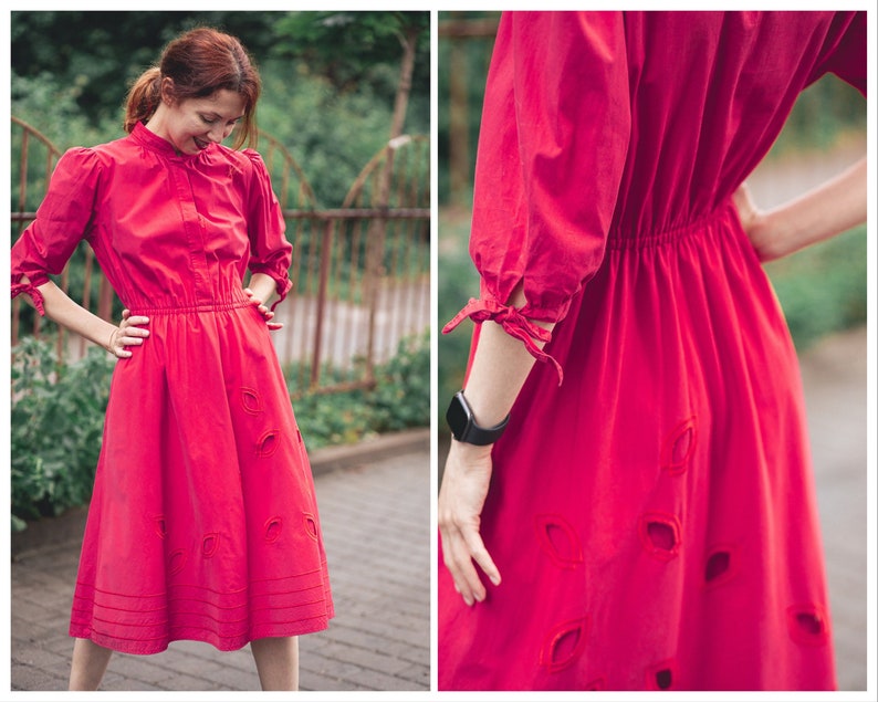 Vintage red cotton dress. Summer petite cottagecore dress. Shirt dress midi A line. Eyelet dress image 2
