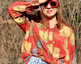 Unique Vintage Red Button Up Shirt with Colorful Pattern - Women's Abstract Blouse
