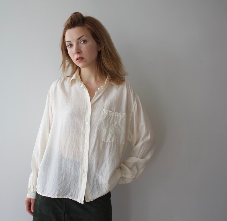Vintage silk blouse woman ivory button up shirt pure silk Long sleeve silk shirt