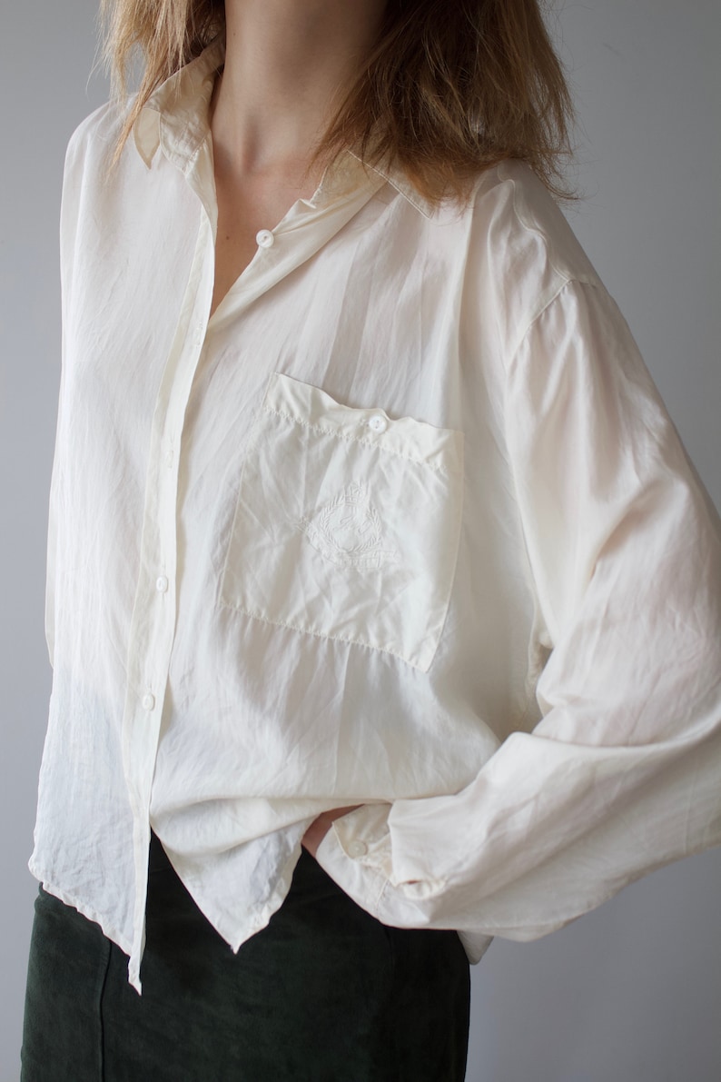 Vintage silk blouse woman ivory button up shirt pure silk Long sleeve silk shirt