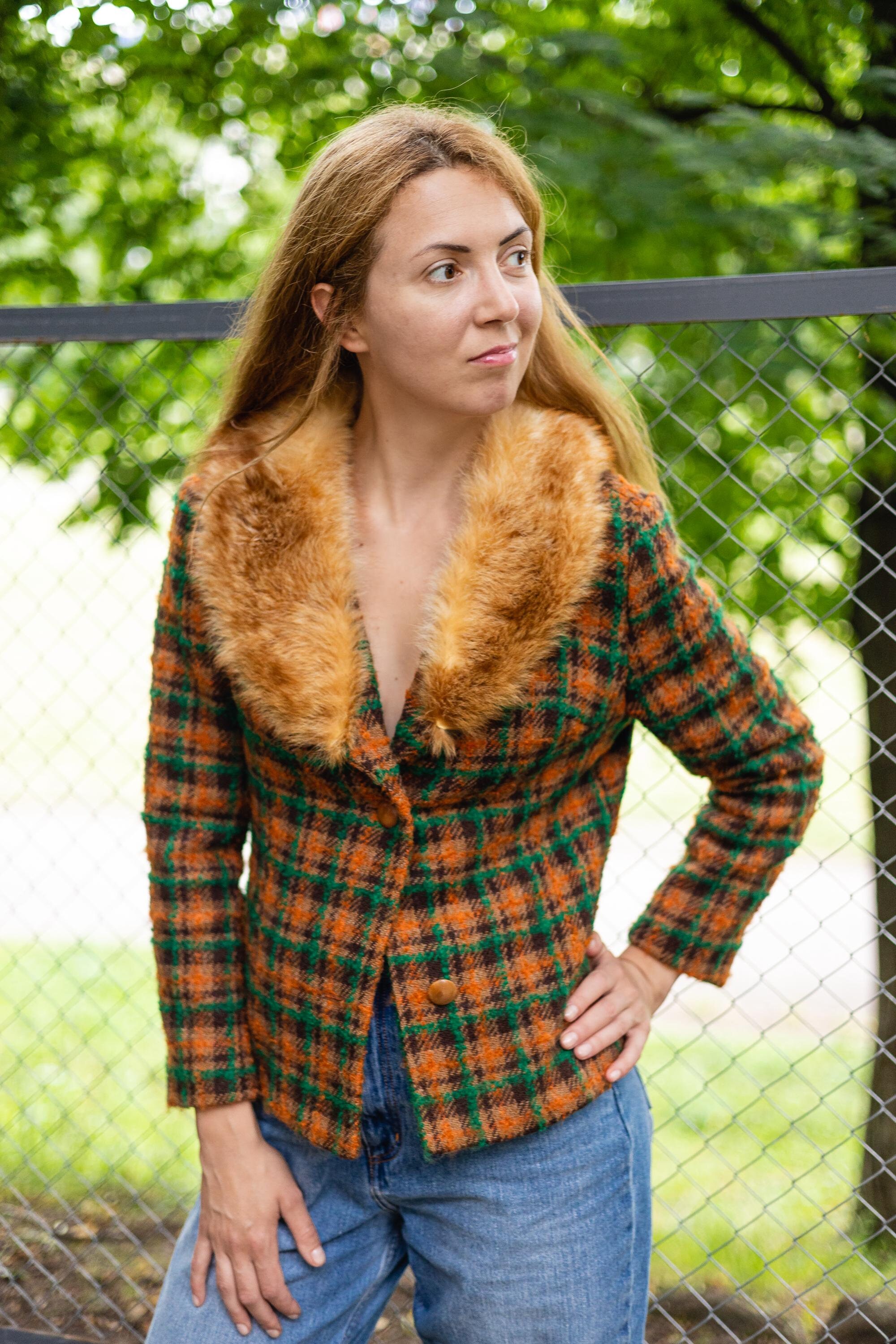 Plaid jacket fur collar sale
