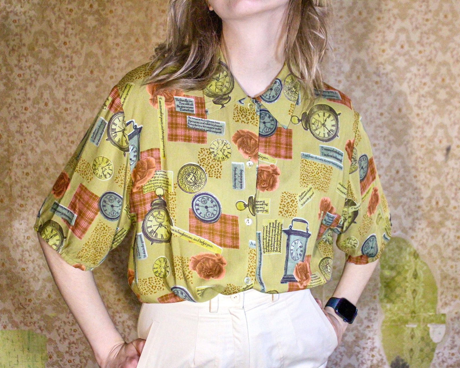 Vintage blouse Button up shirt Old Clock pattern Woman