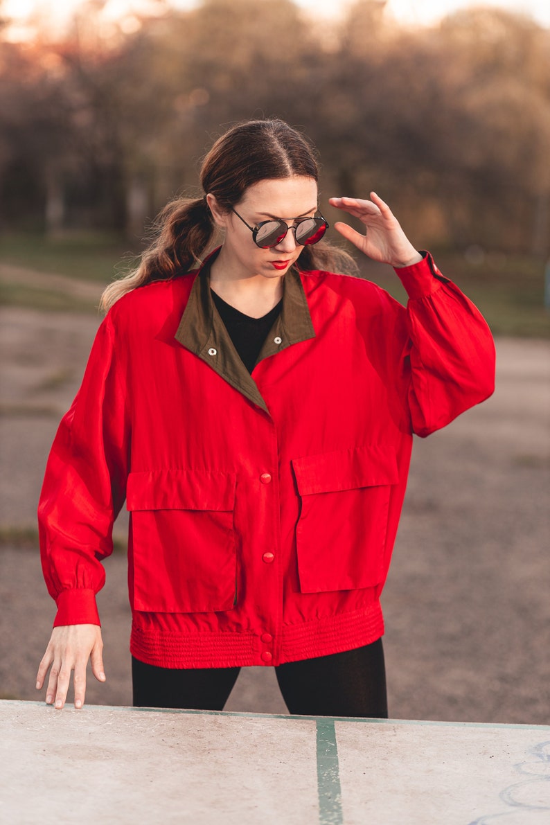 Vintage silk bomber jacket. Oversize unisex bomber jacket. Red bomber jacket women. 80s clothing, 90s grunge clothing image 1