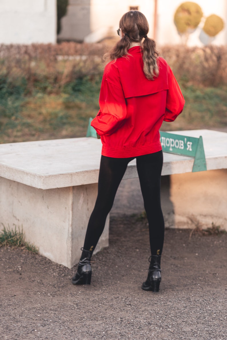 Vintage silk bomber jacket. Oversize unisex bomber jacket. Red bomber jacket women. 80s clothing, 90s grunge clothing image 6