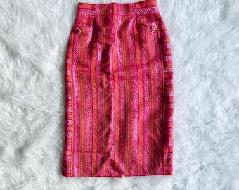 Vintage Wool Skirt with Lurex Shine & Gem Button. Pink pencil skirt mid length