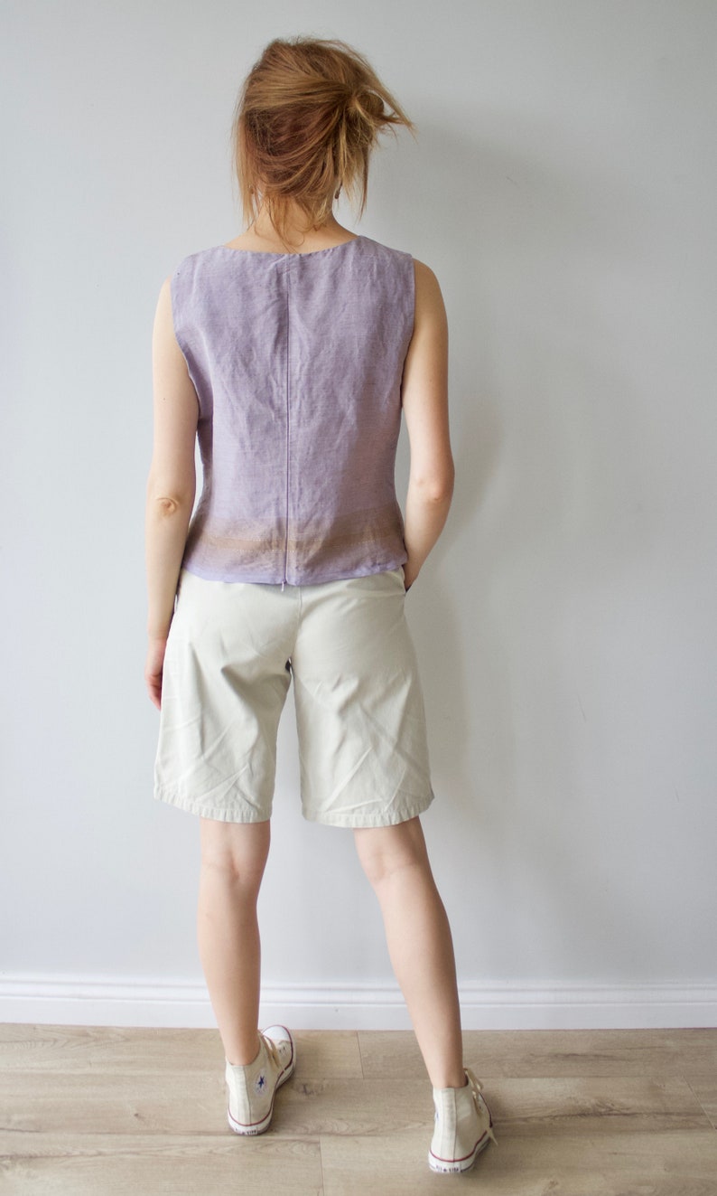 Vintage linen silk top Lavender tank top Vintage blouse Lavender blouse Sleeveless blouse