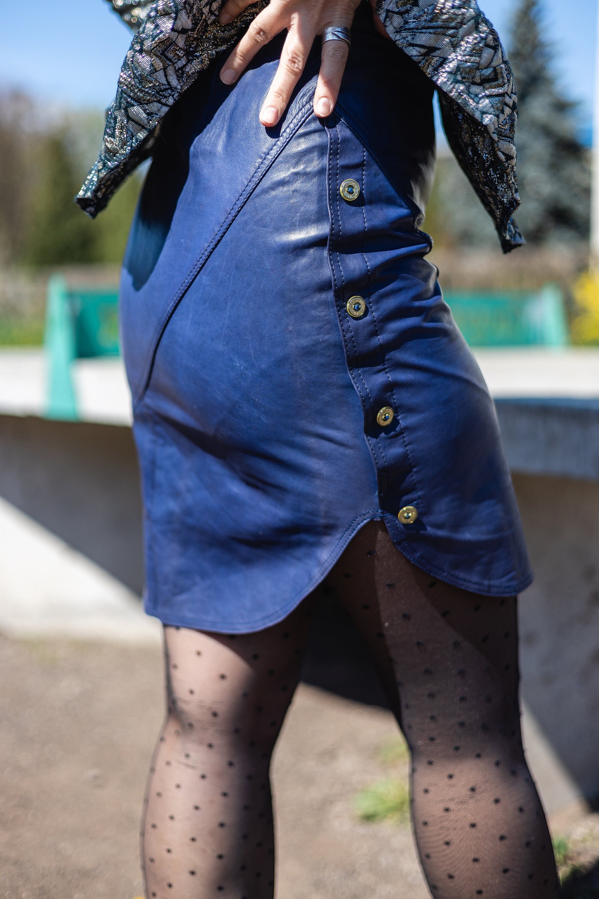 Blauwe leren rok sale