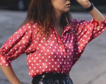 Vintage Feminine Vintage Pink Polka Pot Blouse - Romantic Puff Sleeve Top