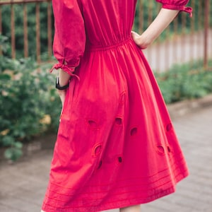 Vintage red cotton dress. Summer petite cottagecore dress. Shirt dress midi A line. Eyelet dress image 4