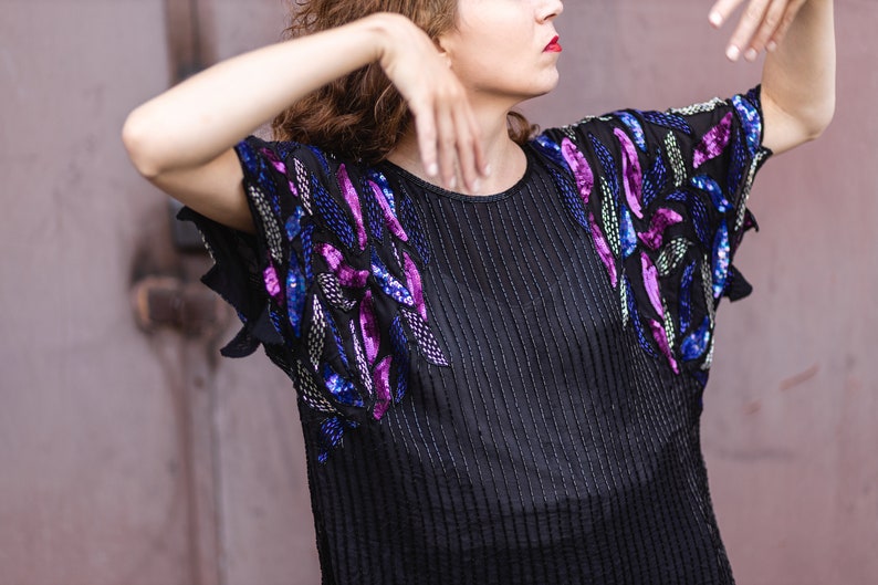 Vintage silk blouse Full sequin. Vintage party, evening blouse top sequined image 1