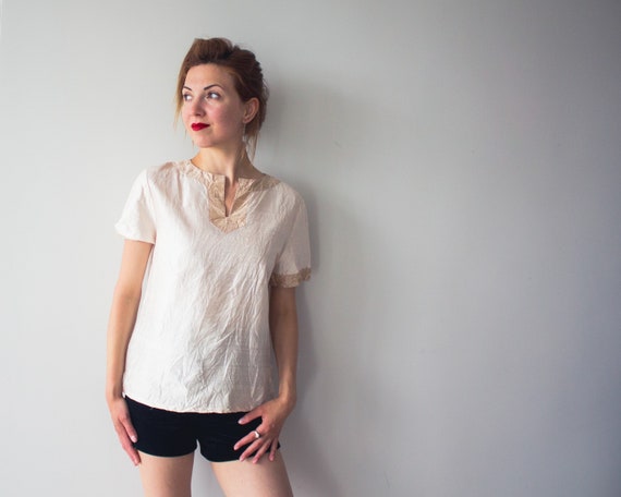 Vintage silk Blouse Nude top 100% silk Ivory white