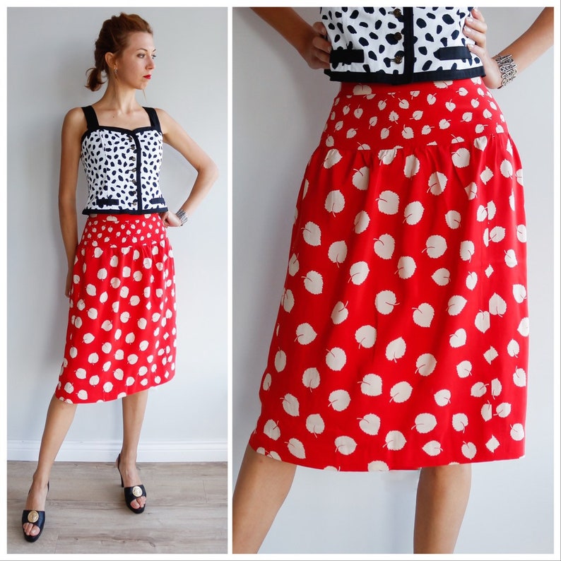 Vintage silk skirt woman Summer silk skirt red skirt midi silk skirt leaves print skirt