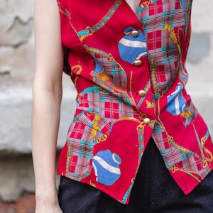 Vintage Red Waistcoat - Equestrian Vest with Gold Buttons - Vintage Swiss Waistcoat