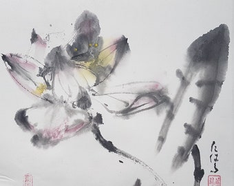 Original Sumi-e painting: Blooming lotus after rain