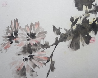 Original Sumi-e painting: Chrysanthemums blooming in the winter