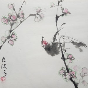Original Sumi-e painting: Dancing bird on plum