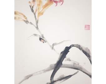 Original Daylily Sumi e Painting: Chinese Brush Painting, Japanese Ink Art, Watercolour, Home Decor, Floral Art, Minimalist Wall Art