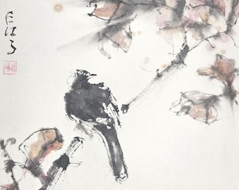 Original Sumi e Bird Painting: Chinese Brush Painting, Japanese Ink Art, Watercolour, Home Decor, Minimalist Wall Art