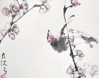 Original Dancing Bird Sumi e Painting: Chinese Brush Painting, Japanese Ink Art, Watercolour, Home Decor, Minimalist Wall Art