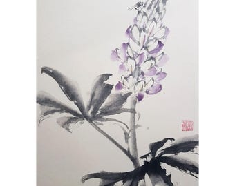 Original Lupine Sumi e Painting: Chinese Brush Painting, Japanese Ink Art, Watercolour, Home Decor, Floral Art, Minimalist Wall Art