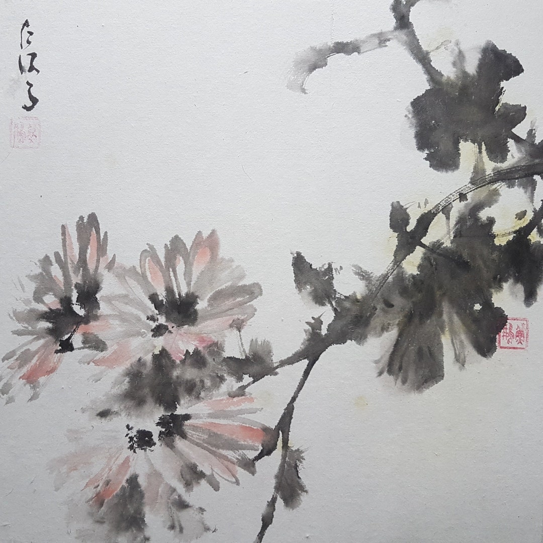 Original Sumie Painting Chrysanthemums Blooming in the Etsy