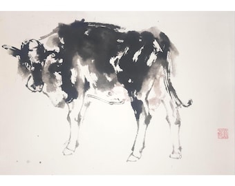 May include: Ink wash painting of a cow in black and gray tones. The artwork depicts the cow standing, with a focus on its form and texture. A red stamp is in the lower right corner.