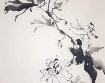 Original Sumi e Passion Flower Painting: Chinese Brush Painting, Japanese Ink Art, Watercolour, Home Decor, Minimalist Wall art