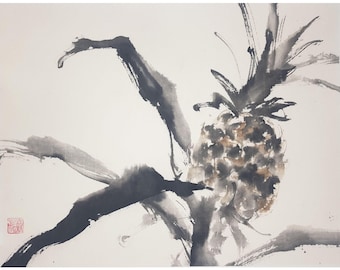 May include: Ink wash painting of a pineapple. The fruit is rendered in shades of brown and gold, with a spiky crown. Dark gray brushstrokes depict the leaves and stems against a white background. A red stamp is in the lower left corner.