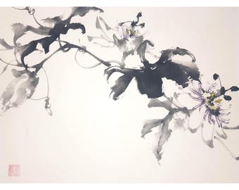 Original Sumi e Passion Flower Painting: Chinese Brush Painting, Japanese Ink Art, Watercolour, Home Decor, Minimalist Wall art