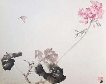 Original Flower Insect Sumi e Painting: Chinese Brush Painting, Japanese Ink Art, Watercolour, Home Decor, Minimalist Wall Art