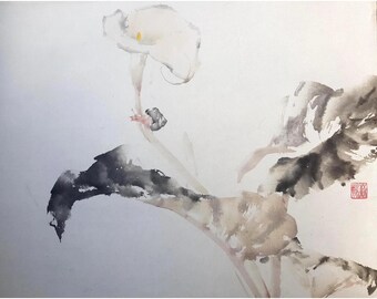 Original Lily Snail Sumi e Painting: Chinese Brush Painting, Japanese Ink Art, Watercolour, Home Decor, Minimalist Wall Art