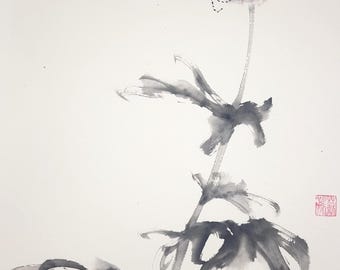 Original Insect Flower Sumi e Painting: Chinese Brush Painting, Japanese Ink Art, Watercolour, Home Decor, Minimalist Wall Art
