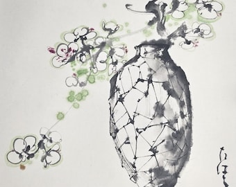 Original Flower Sumi e Painting: Chinese Brush Painting, Japanese Ink Art, Watercolour, Home Decor, Minimalist Wall Art