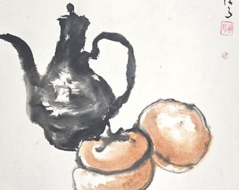 Original Persimmon Stilllife Sumi e Painting: Chinese Brush Painting, Japanese Ink Art, Watercolour, Home Decor, Minimalist Wall Art