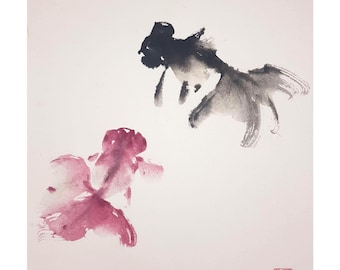 手描きの鯉の中国絵画：アジアの墨絵アート（A4サイズ） - Etsy 日本