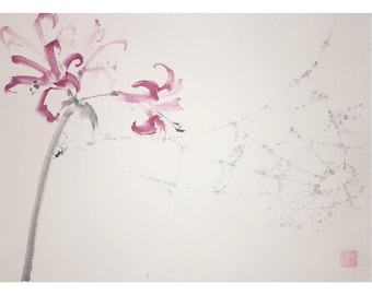 Original Nerine Spider Sumi e Painting: Chinese Brush Painting, Japanese Ink Art, Watercolour, Home Decor, Minimalist Wall Art