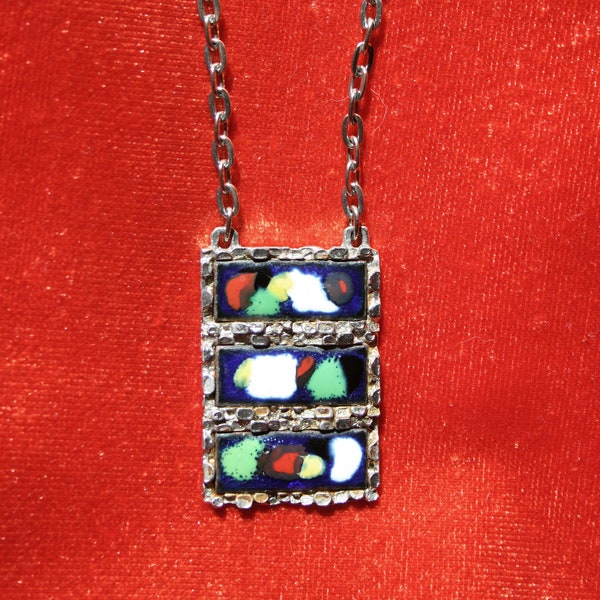 Vintage Brutalist pendant chain, necklace 50'er silver-plated and enamelled, handmade, probably unique piece Blue Red Green White Yellow