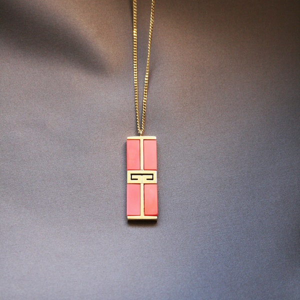 Givenchy 1979 original vintage necklace signed 24K gold plated coral salmon colored resin pendant collector's item rarity