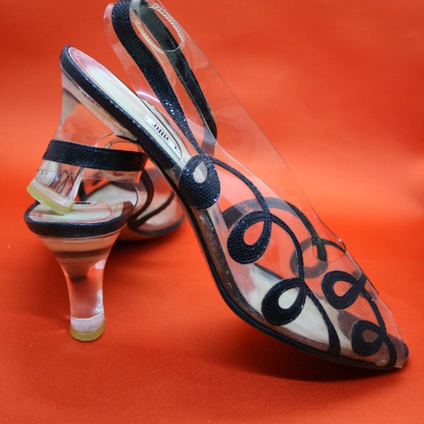LANVIN collector's shoes sz 38, sling-back, open toe, Vinyl, Plexiglass Heel Cinderella, translucent , rare
