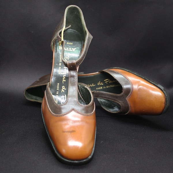 Bally size 36.5 vintage original 70s brown cognac t-strap, Mary Jane, high buckle shoes, buckle, quality Made in Switzerland