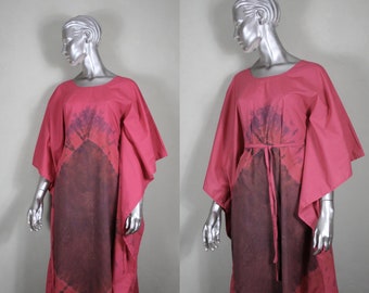 Kaftan vintage original 70s handmade, batik, cotton red/black, size XS, long, maxi dress