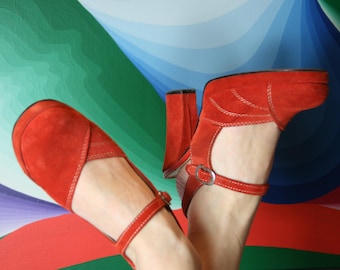 Vintage size 37 shoes in suede, original 70s, orange rust-red, with seams, Mary Jane, hippie, sling-back, buckle, suede, high
