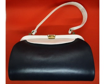 Bag original vintage 1950s blue and white handbag Maritim Navy Cruise brass vegan leather MCM accessory imitation leather