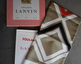 Foulard En Soie Vintage LANVIN Bleu Et Blanc – 85x87 Cm – Écharpe élégante