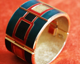 Brazalete vintage firmado por LANVIN, brazalete, brazalete, oro rojo petróleo negro, joyería de diseñador, pieza llamativa, artículo de colección, brazalete de los años 70